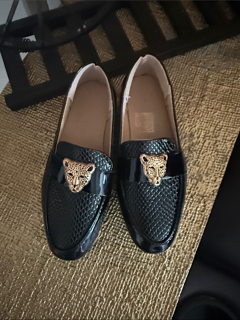 Girls Black Moccasin Loafers with Gold Cat Accent